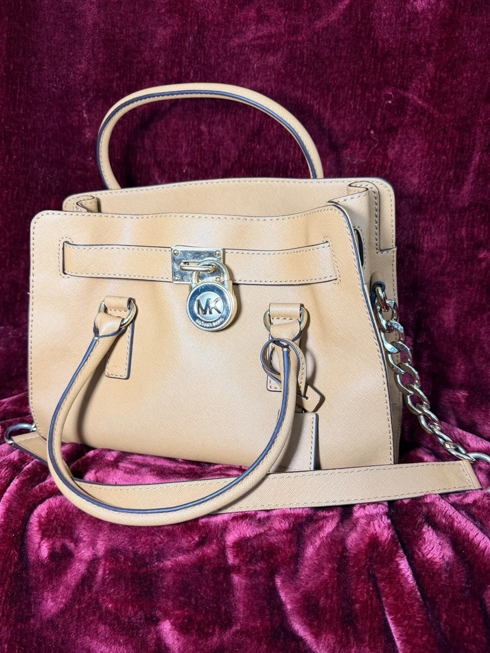 Michael Kors Brown/Beige/Tan Saffiano Leather Satchel with Gold Hardware